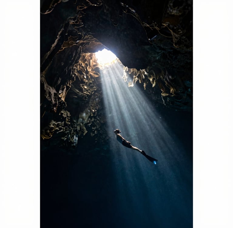 Dramatic beam of sunlight piercing through dark cenote waters, a single diver in perfect horizontal trim looking small against massive underwater cave formations, high-contrast chiaroscuro lighting, wide environmental shot
