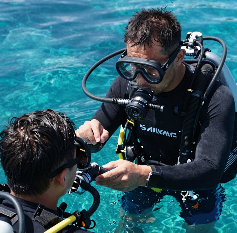 A professional diving instructor demonstrating regulator recovery to a student in clear turquoise water, close-up, natural sunlight, high technical detail