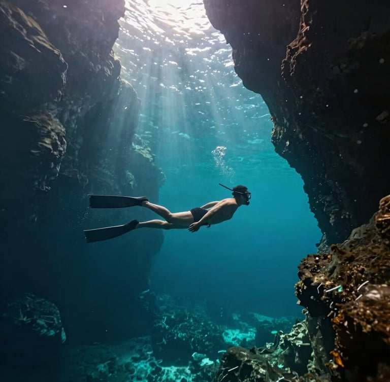 Wide-angle underwater portrait of a single diver in perfect horizontal trim, floating in a massive sun-drenched cenote cavern, sharp light beams piercing the deep turquoise water, dark rock formations framing the scene.