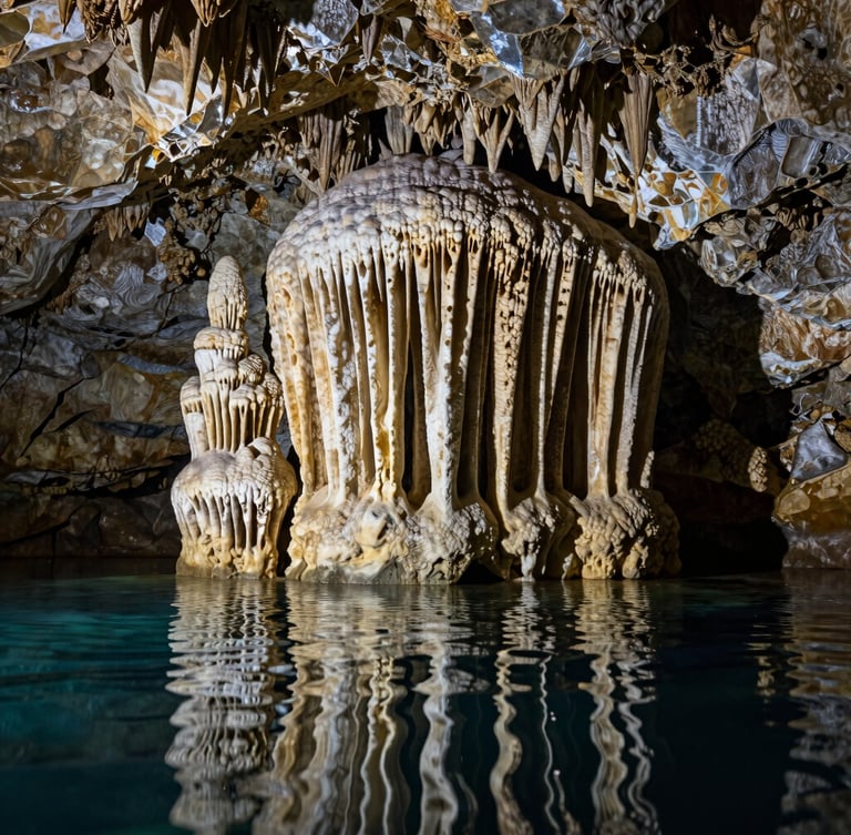 Close-up shot of ancient mineral formations and stalactites inside a Mexican cenote, crystal-clear water reflecting the textures of the stone, high-contrast chiaroscuro lighting