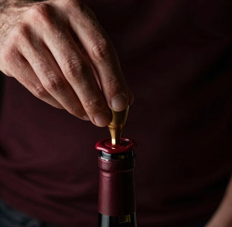 Close-up portrait of a hand carefully applying a wax seal to a rare wine bottle, emphasizing texture and detail, low-key dramatic chiaroscuro lighting, deep burgundy and black tones, shallow depth of field, 35mm