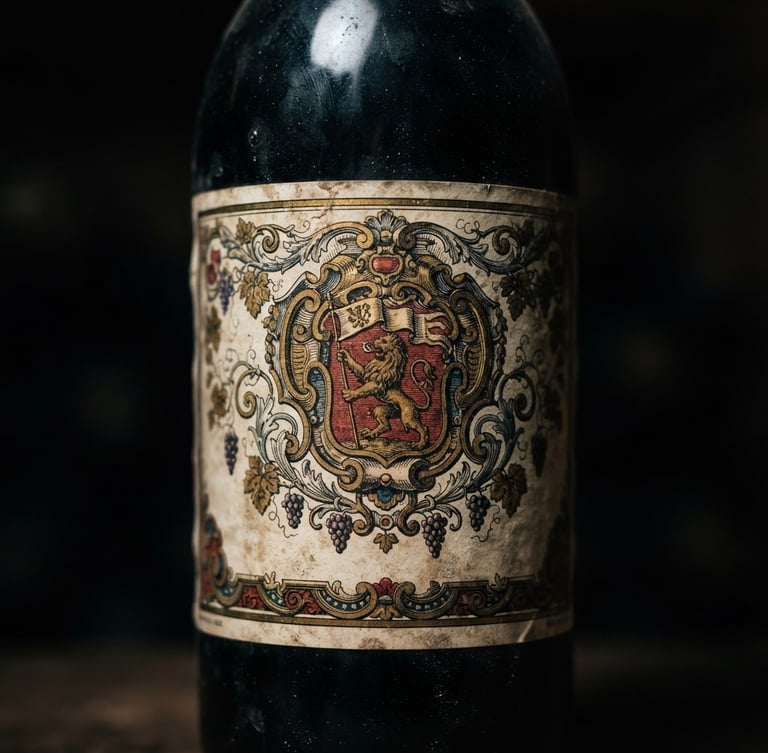Close-up of a rare vintage wine bottle label, intricate details, dark glass, dramatic chiaroscuro lighting, deep shadows, luxurious atmosphere, shallow depth of field, 35mm