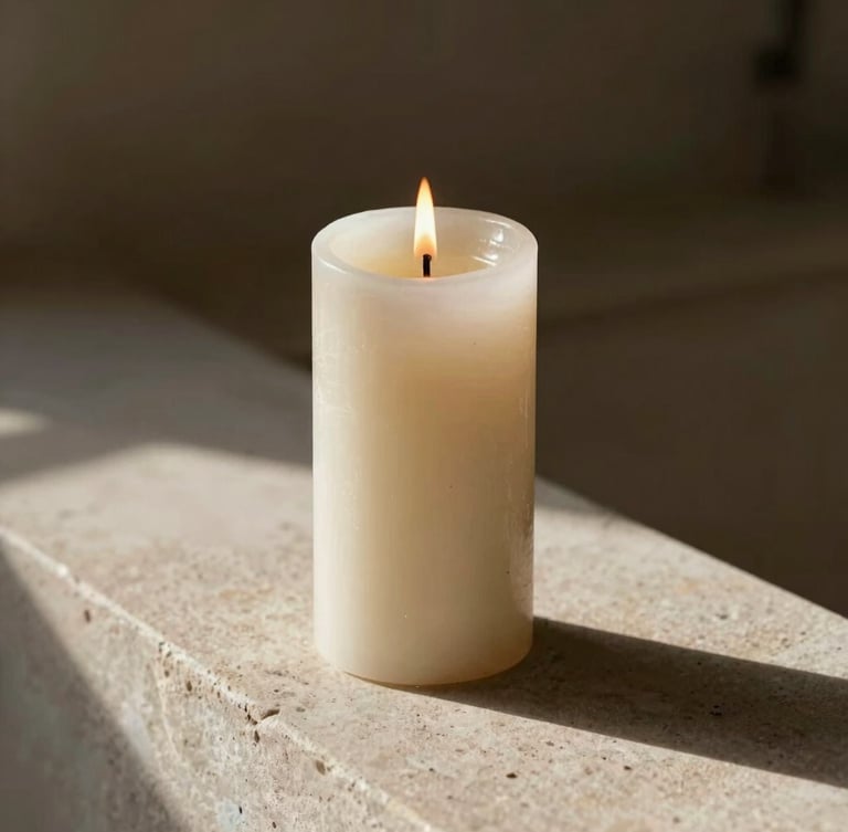 Warm editorial photography of a tall, thick minimalist pillar candle burning with a clean flame on a raw stone ledge, soft morning light, deep shadows, 35mm