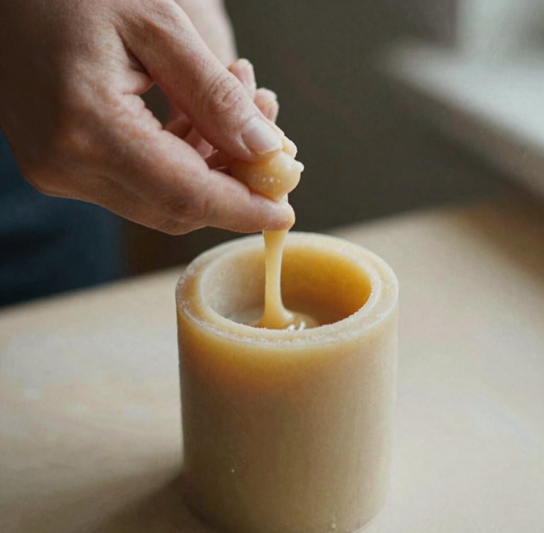 Warm editorial close-up of artisan hands pouring melted warm wax into a tall cylindrical mold, soft natural morning light, muted earth tones, 35mm