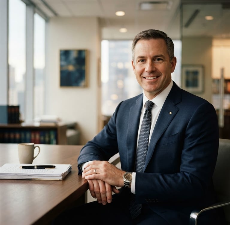 Professional corporate portrait of a male lawyer in a modern, minimalist office, soft natural window light, deep navy and warm gold tones, shallow depth of field, 50mm lens, looking confident and approachable.