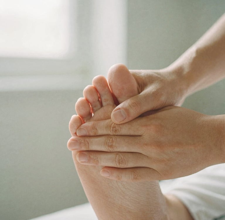 Macro shot of hands applying precise pressure to a foot, soft diffused natural daylight, shallow depth of field, organic linen texture, 35mm film feel
