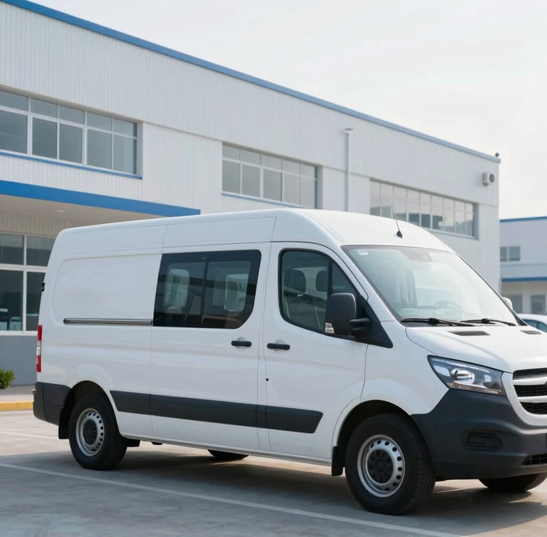A branded transport vehicle parked outside the clean, modern Pennsauken laboratory facility, bright cool clinical morning light.