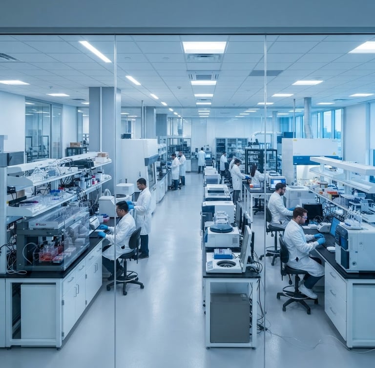 Wide-angle architectural view of a clean modern laboratory facility in Pennsauken, clinical cool lighting, white and sterile blue tones, high-precision instrumentation visible through glass.