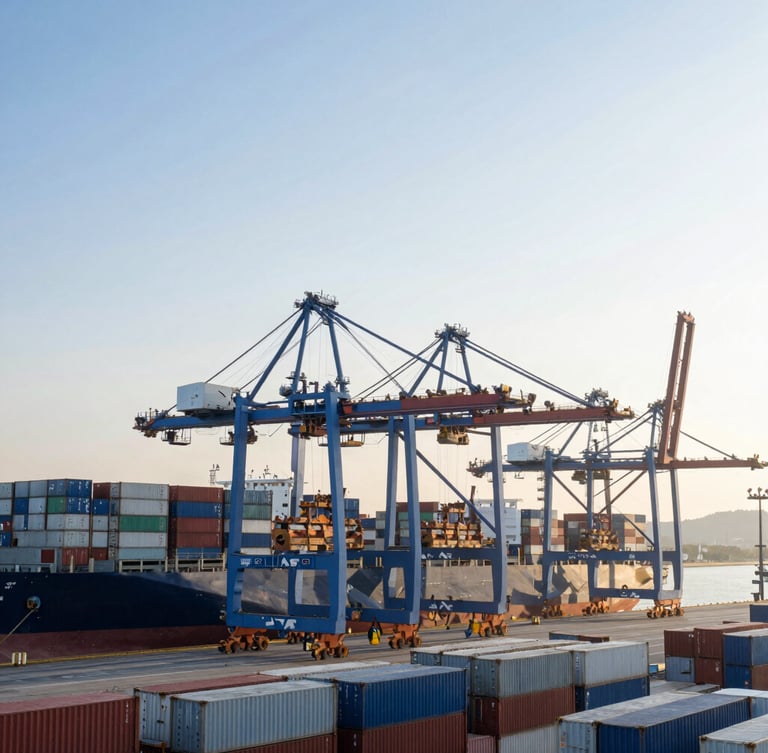 Wide environmental shot of a busy modern container port at sunrise, cargo cranes loading container ships, cool blue and white tones.