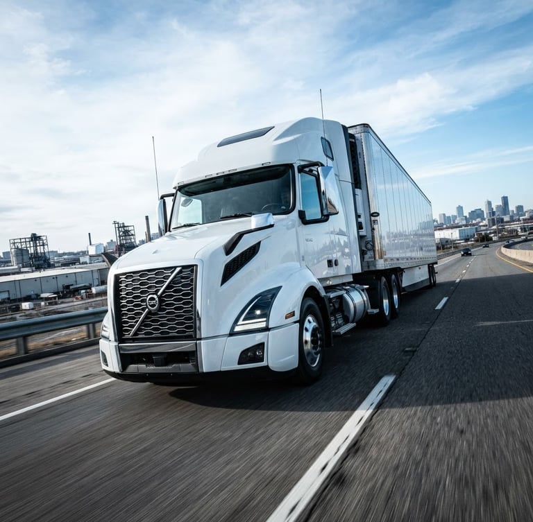 Low-angle powerful perspective of a modern clean freight truck on an open highway under crisp morning daylight, high-contrast cool-toned industrial lighting