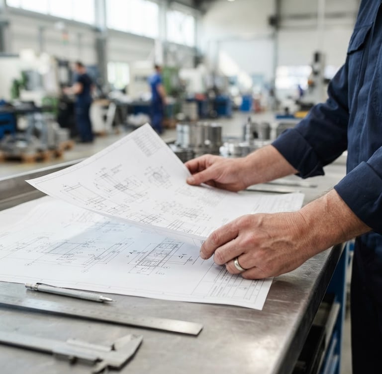 Hands of an engineer holding a technical blueprint on a clean steel workbench, bright natural daylight, sharp focus on the document, professional editorial style