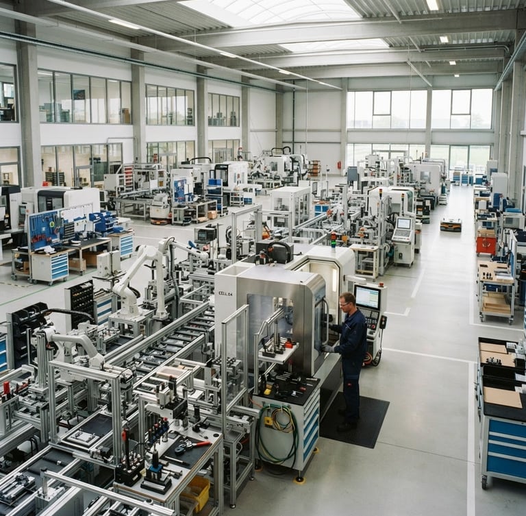 Crisp industrial photography of a clean modern factory floor, bright natural daylight, organized machinery in sharp focus, professional editorial style, 35mm