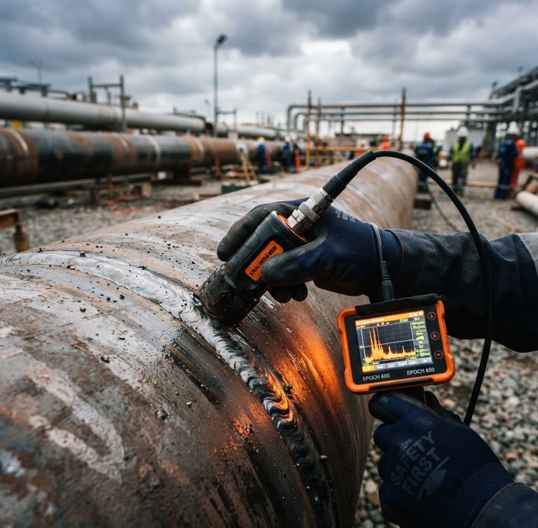 Macro close-up of an ultrasonic NDT probe scanning a heavy steel weld on a pipeline, high-contrast industrial lighting, orange diagnostic screen glow on the metal, dramatic overcast outdoor daylight, 35mm