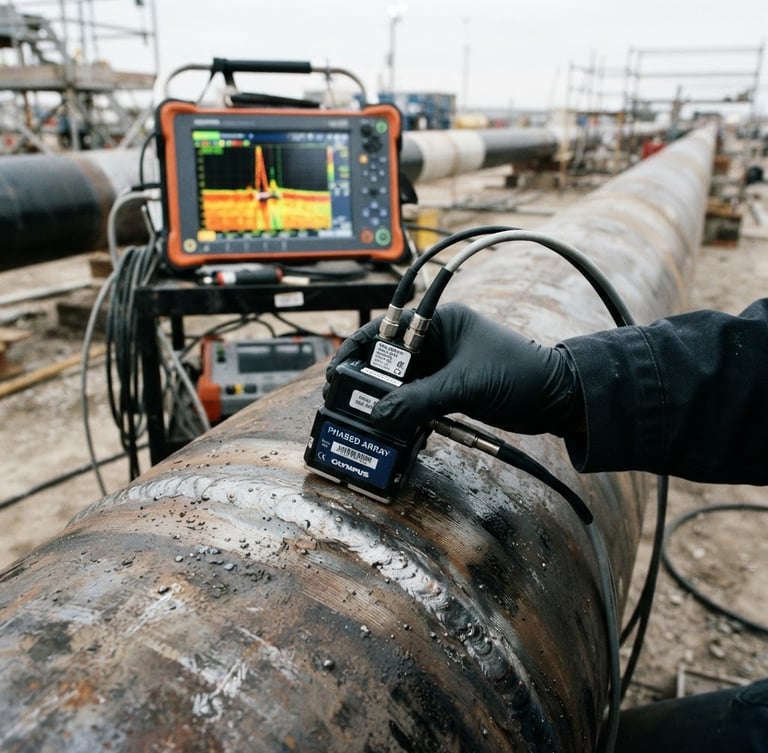 Close-up macro photography of a high-tech ultrasonic phased array probe scanning a thick welded steel joint on an industrial pipeline, safety orange diagnostic screen glowing in the background, high-contrast overcast daylight, 35mm