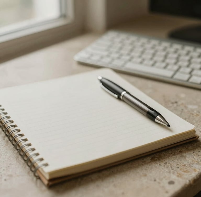 A notebook and pen resting on a linen texture beside a keyboard, soft natural light, warm stone tones, 35mm shallow depth of field, desaturated.