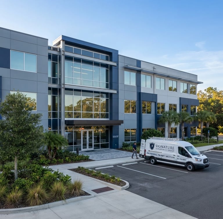 Wide architectural shot of a modern commercial building exterior, crisp morning daylight, clean slate and navy tones, sharp focus, with a branded Signature Management Group service vehicle parked neatly to the right.