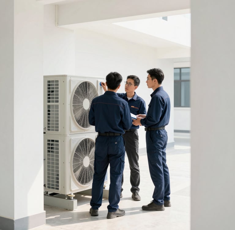 Professional team member in corporate-casual attire inspecting a modern HVAC system in a commercial building, bright, clean light, focused on detail, architectural framing.