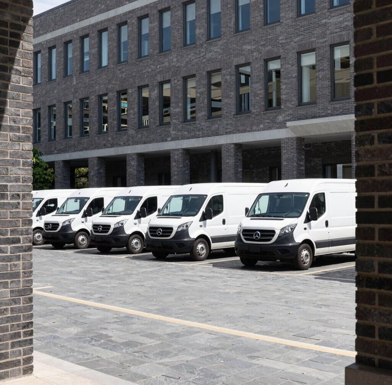 Wide environmental shot of branded white service trucks parked in clean formation outside a modern brick corporate office building, bright crisp morning daylight, slate grey tones, architectural framing