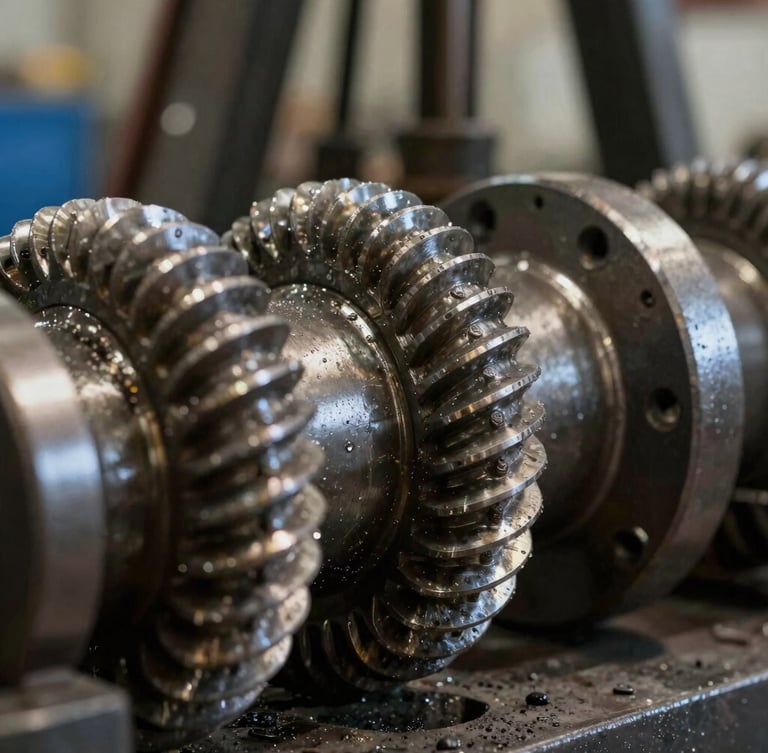 Extreme close-up of heavy-duty oilfield drilling jar steel mandrel threads, harsh workshop lighting with deep shadows, industrial precision, portrait aspect ratio