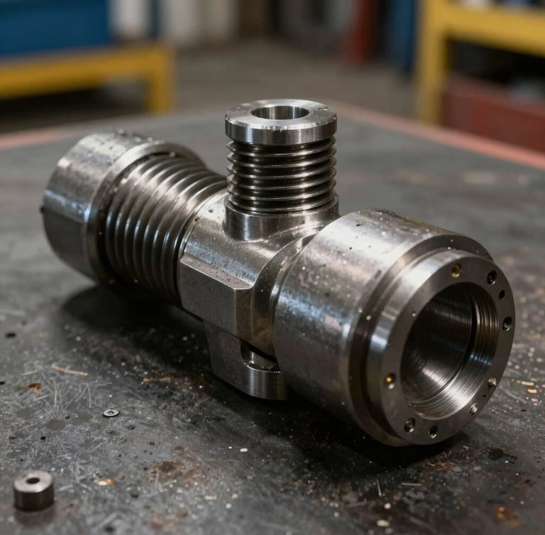 A heavy-duty mud motor tool joint with precision-machined steel threads resting on a dark workshop floor, harsh directional industrial lighting