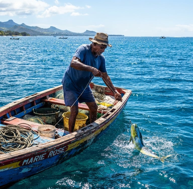 Vivid editorial photography of a Mauritian fisherman on a traditional wooden boat pulling a hand-line, glistening deep blue Indian Ocean water, harsh bright tropical sunlight, sharp focus, 50mm.