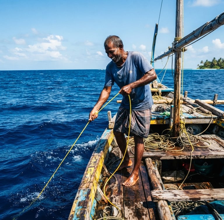 A local fisherman on a traditional wooden boat pulling a handline in the deep blue waters of the Indian Ocean, bright tropical sunlight, high contrast