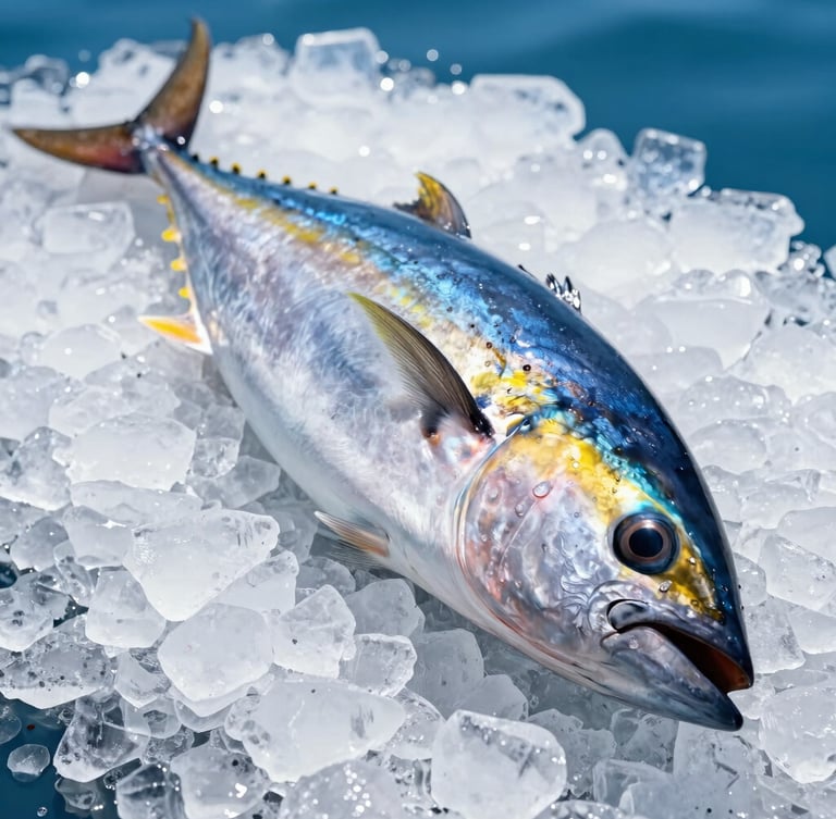 High-key crisp studio shot of a whole fresh yellowfin tuna resting on a bed of crushed ice, glistening scales, clear eyes, bright tropical sunlight, sharp focus, 50mm.