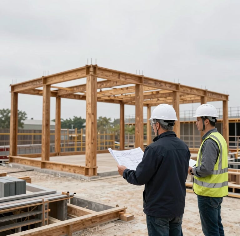 Professional architectural photography of an active high-end building site, a senior engineer in a white hardhat examining structural technical blueprints with a site supervisor, natural overcast daylight.