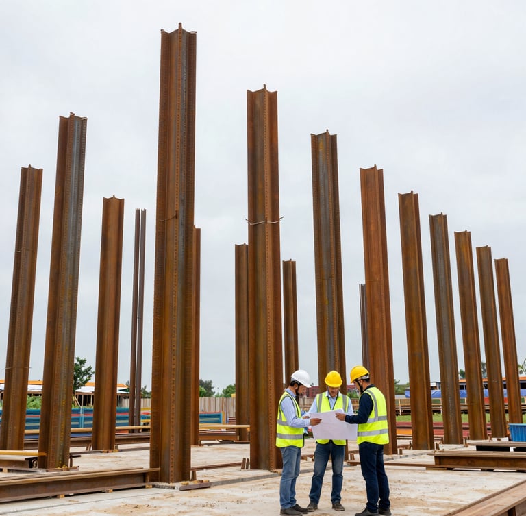 Wide-angle architectural shot of an active high-end construction site in Vietnam, structural steel columns rising, professional engineers in branded safety gear reviewing blueprints on-site, overcast daylight, sharp details.