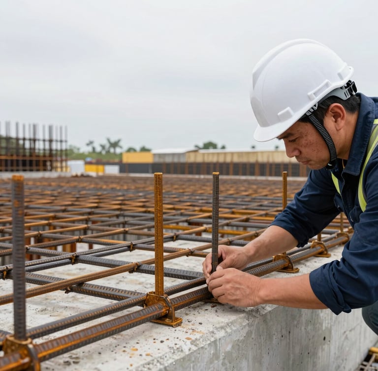 Close-up of a professional engineer in a clean white hardhat inspecting steel reinforcement joints on a concrete platform, overcast natural daylight, sharp details, industrial refined style.