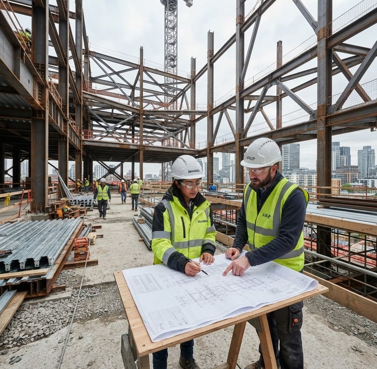 Wide-angle architectural shot of an active construction site, engineers in branded safety gear and white hardhats examining structural blueprints, overcast daylight, steel frames visible.