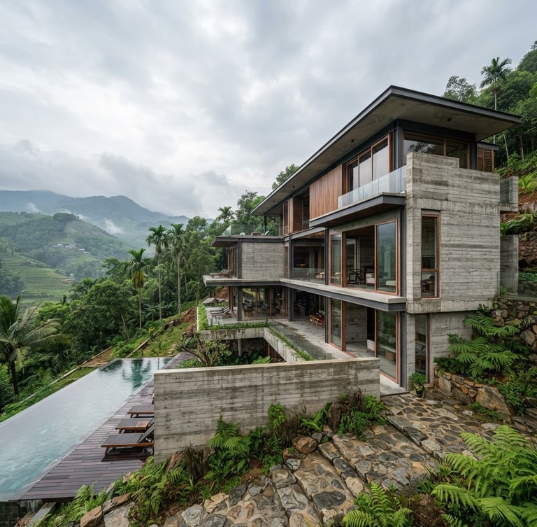 Wide architectural photograph of a modern luxury concrete and steel villa in Vietnam, overcast daylight, strong geometric lines, raw concrete textures, copper accents on window frames, off-center composition