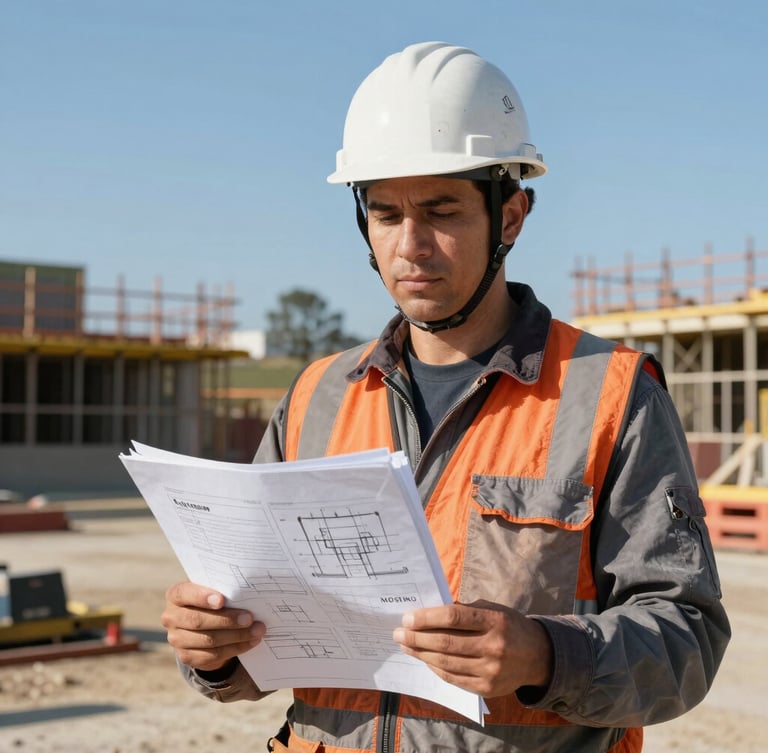 A high-contrast environmental portrait of a utility consultant in a hardhat holding technical schematics on a bright Northern California construction site, natural daylight, cool tones with orange accents, sharp focus, 35mm