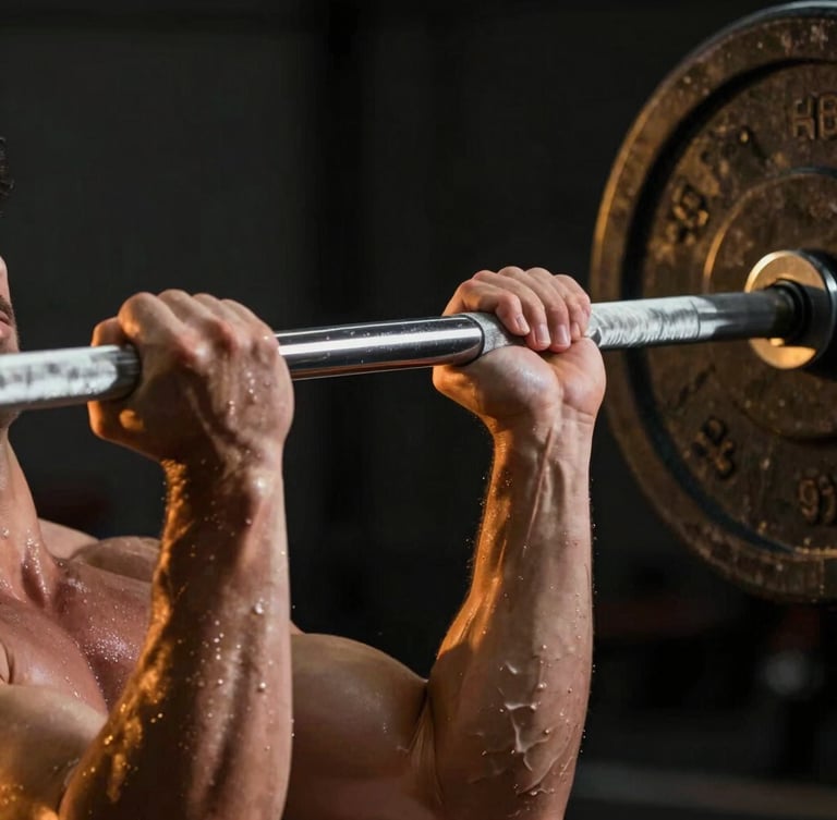 Close-up of a professional athlete's hands gripping a barbell, sweat glistening under dramatic low-key gold rim lighting, dark background