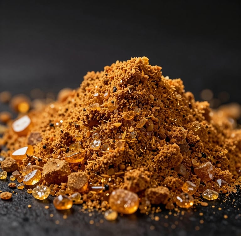 A high-contrast macro shot of raw orange pre-workout powder crystals, dramatic gold rim lighting, deep black background, sharp focus on texture, volumetric lighting.