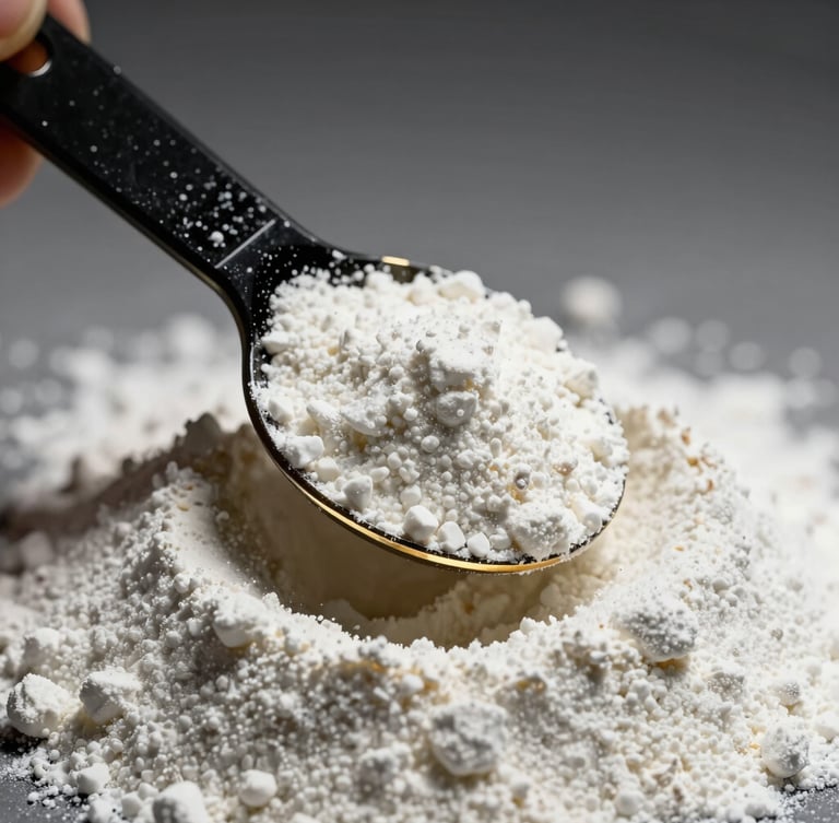 Macro shot of clean white supplement powder being scooped with a precise black measurement tool, dramatic gold rim lighting