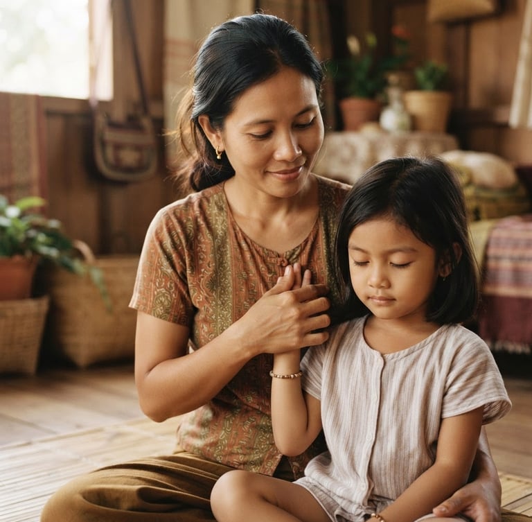 Close-up, medium shot of a Myanmar mother gently guiding her child's hand in a mindful breathing exercise, soft natural daylight, warm earth tones, shallow depth of field, focus on hands and serene expressions.