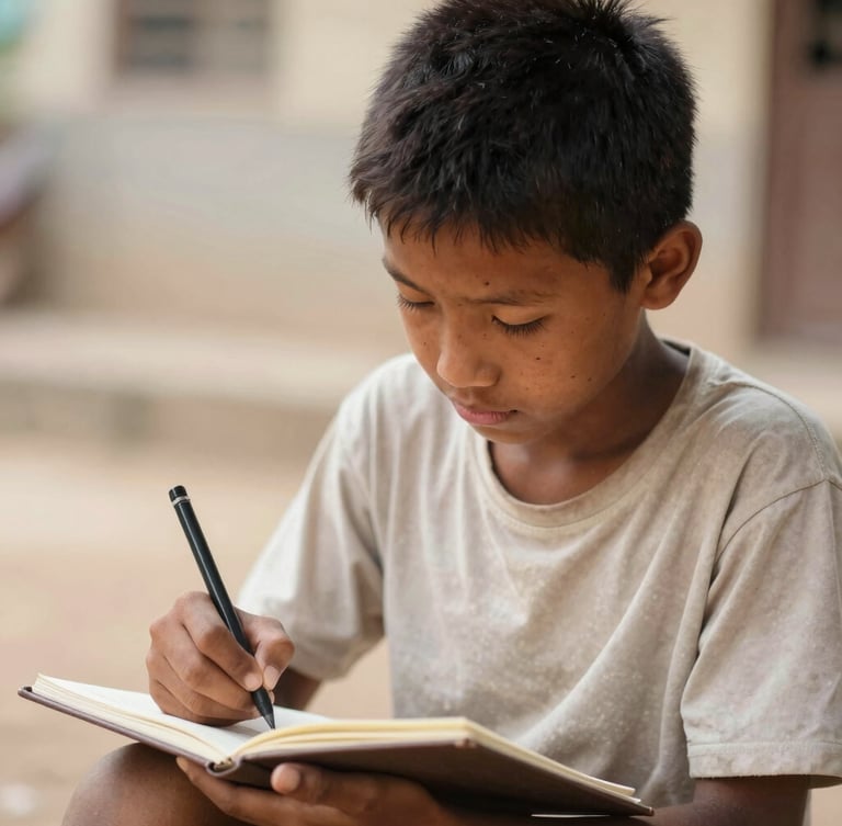 A young Myanmar student drawing in a notebook, focused and calm, with soft natural daylight, shallow depth of field, gentle earth tones.