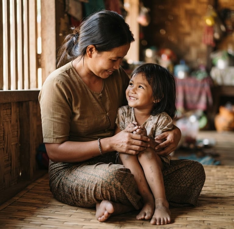 Warm, soft-focus portrait of a Myanmar mother and child sharing a quiet moment, holding hands, natural daylight, soft earth tones, shallow depth of field, child's face visible, mother's hands gently covering child's hands.
