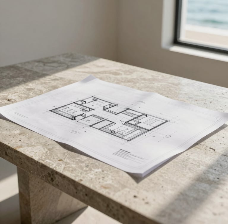 Architectural blueprint on a heavy natural stone table, bright warm coastal daylight filtered through a window, clean concrete texture, 35mm photography