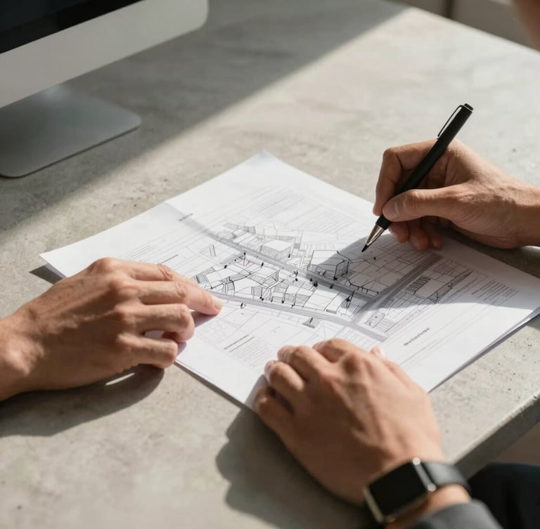 Close-up of professional hands reviewing technical urban planning documents on a concrete desk, deep shadows, warm daylight, 35mm