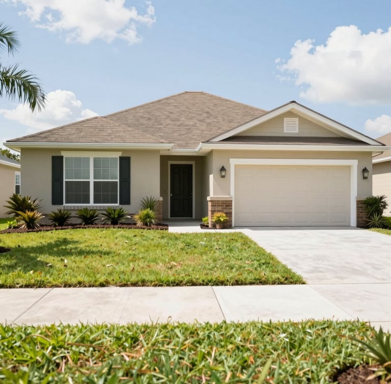 A clean, well-maintained suburban home exterior in Lakeland, Florida, with a manicured lawn under bright natural Florida daylight. Shallow depth of field.