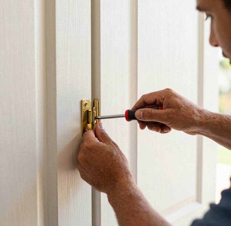 Crisp documentary photography of a professional handyman's hands using a screwdriver to tighten a brass hinge on a clean wooden door, bright natural Florida daylight, warm clean tones, professional shallow depth of field
