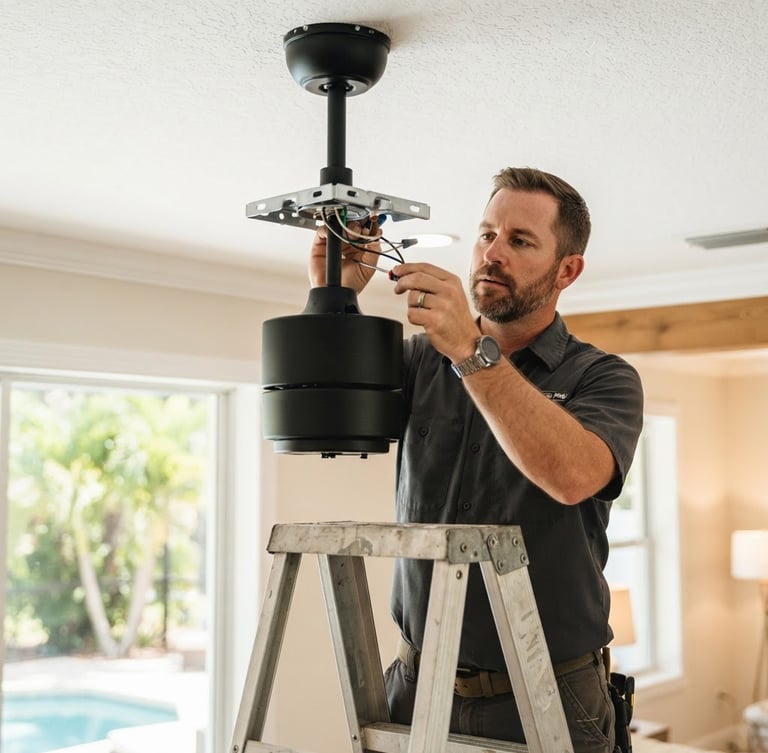 A close-up of a professional handyman installing a modern black ceiling fan in a bright Florida living room, warm daylight, shallow depth of field