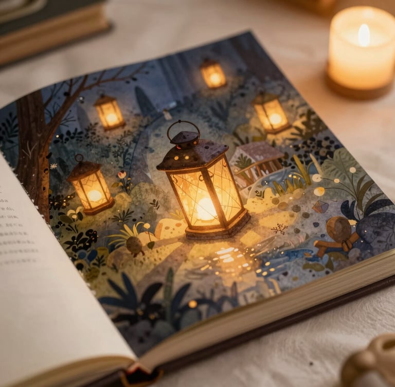 Close-up of a whimsical open watercolor book with glowing lanterns and soft paper textures, warm bedside lighting, cozy storybook illustration style