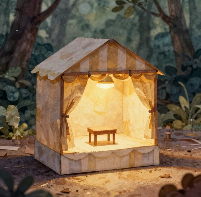 A cozy whimsical illustration of a paper-puppet theater, soft bedside lamp light, warm golden glow, watercolor forest background