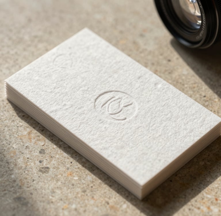Macro close-up of heavy-textured cotton business cards with deep blind debossing, resting on a warm limestone surface in soft morning light.