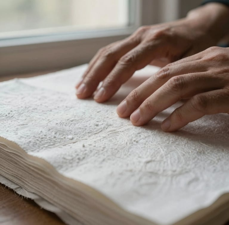 Macro close-up of hands touching heavy textured cotton paper stock under soft morning window light, showing rich paper grain and deckled edges.