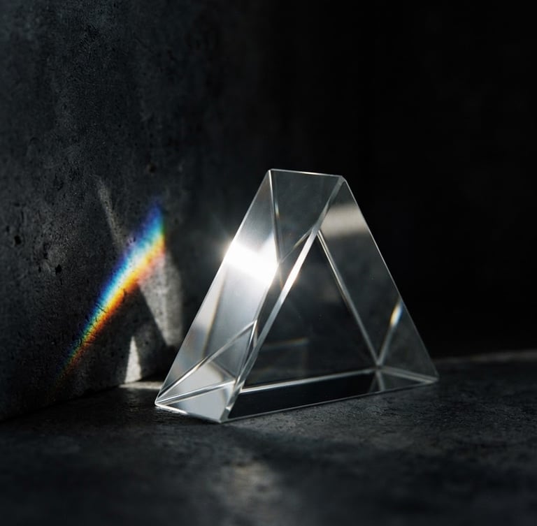 Extreme close-up of sharp directional light reflecting off a flawless glass prism, deep shadows, minimalist architectural background, 35mm