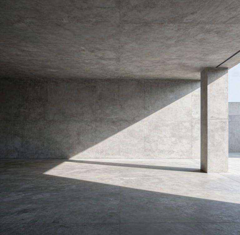 Wide cinematic architectural crop of a minimalist concrete pavilion, sharp directional light casting dramatic linear shadows, 35mm